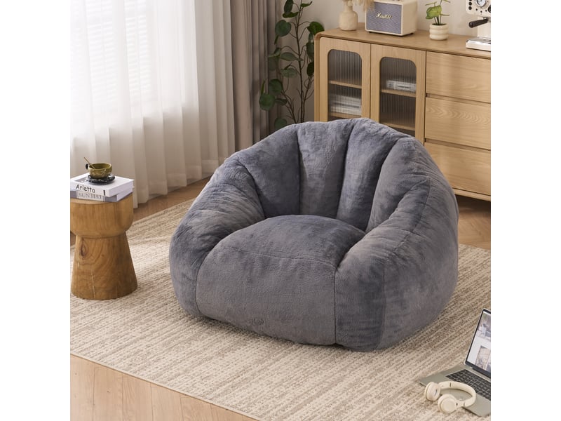Fauteuil pouf adulte 111x123x75 cm en fausse fourrure, mousse haute densité, compressé sous vide, sans montage, siège lounge gris clair - Conforama B