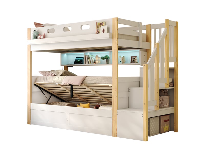  Lit superposé enfant 90x200 cm avec coffre de rangement hydraulique, escalier de rangement, led, usb, tête de lit pu, bois massif blanc et naturel Radiant Stride - Conforama A
