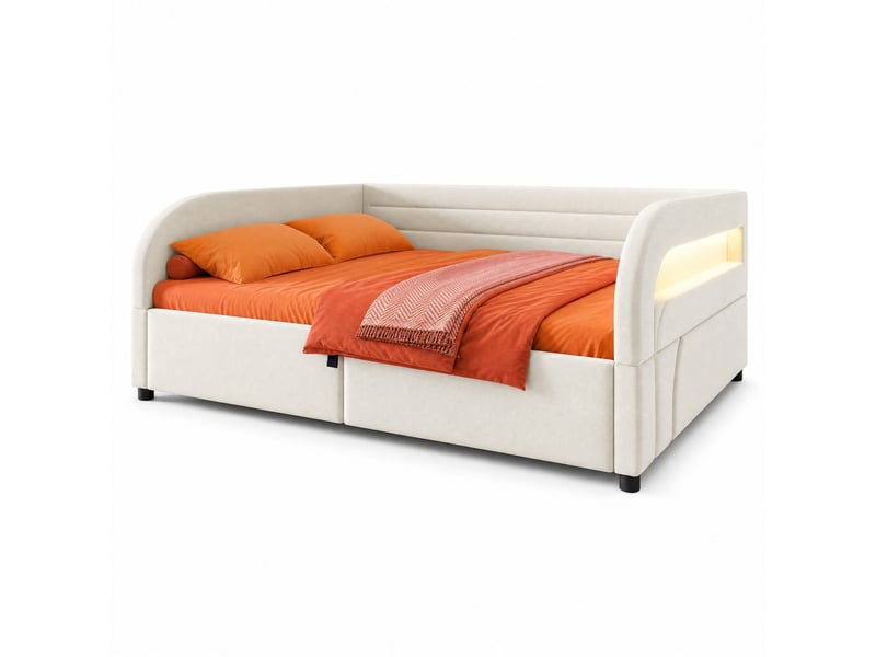Lit coffre double 140 × 200 cm avec rangement hydraulique, led rgb et tête de lit rembourrée, sans matelas, beige - Conforama A