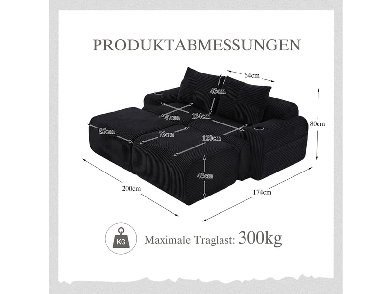 Canapé droit fixe 2 places tissu noir - Conforama C