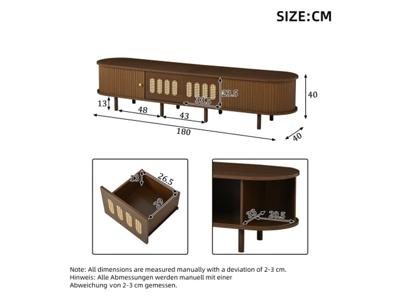  Meuble tv ovale 180 cm - noyer foncé, rotin design, mdf, 2 tiroirs, porte à volet roulant, 30 kg  - Conforama C