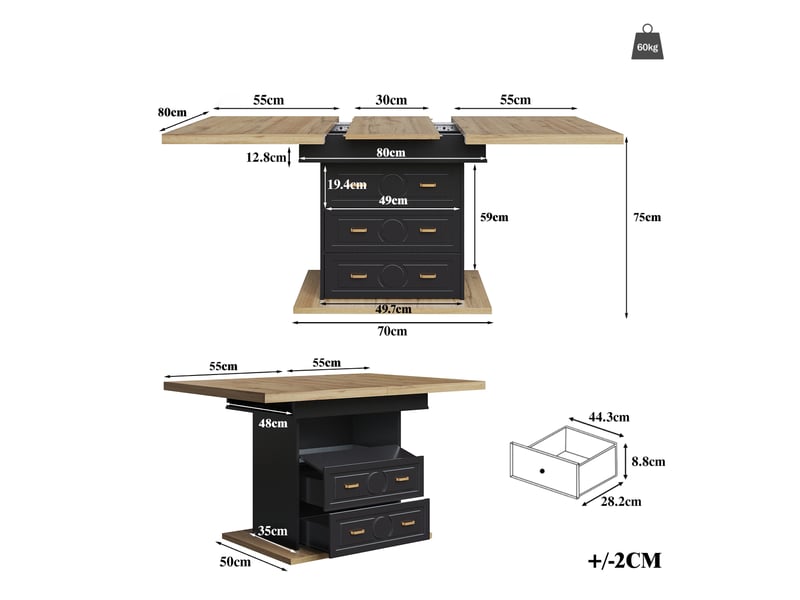  Table à manger extensible, 110-140x80x75 cm, avec espace, salle à manger, plateau mdf, piètement métal, coloris naturel  - Conforama C