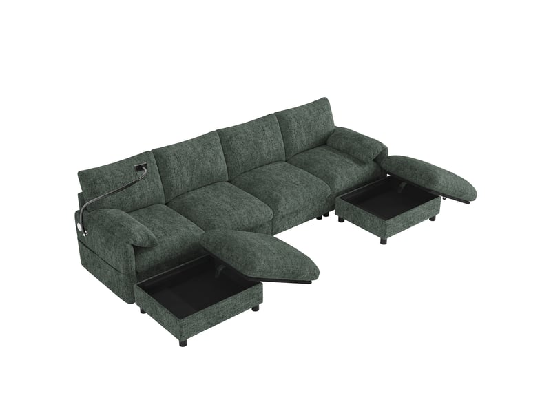 Canapé d'angle modulable 6 places, tissu chenille vert avec 2 poufs de rangement, ports usb type-c et support mobile pour grand salon - Conforama A
