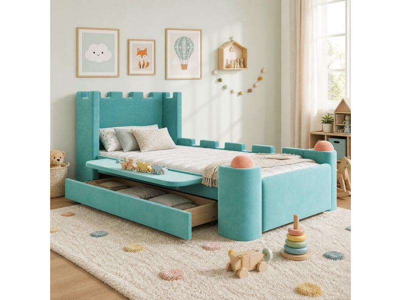  Lit enfant simple 90×200 cm, tiroir, tablette rabattable et bords rembourrés - okmyhome- sans matelas bleu vert  - Conforama B