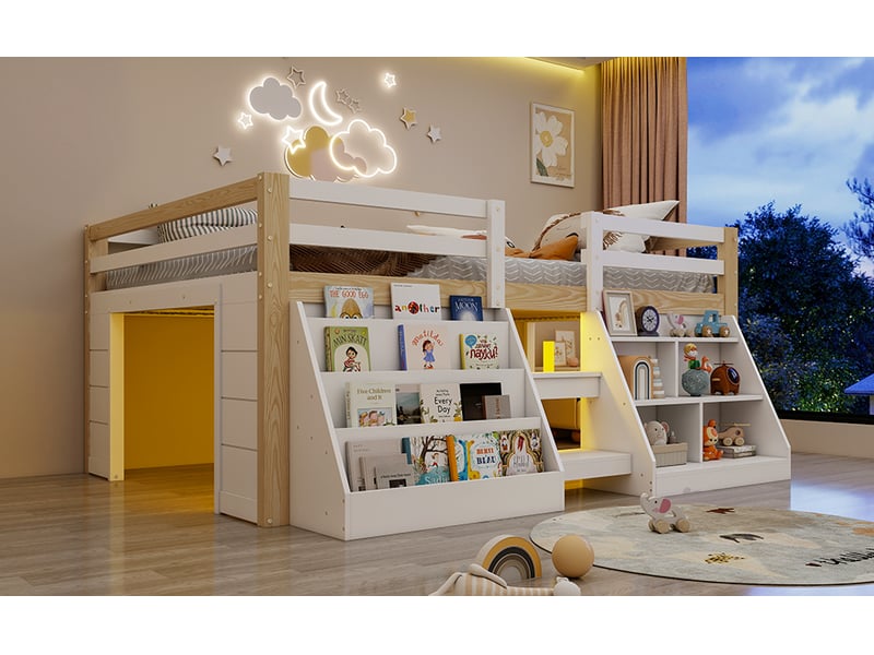  Lit mezzanine bas 140 × 200 cm, bois et mdf, led par application, rangements, échelle, sans matelas, blanc et naturel  - Conforama B
