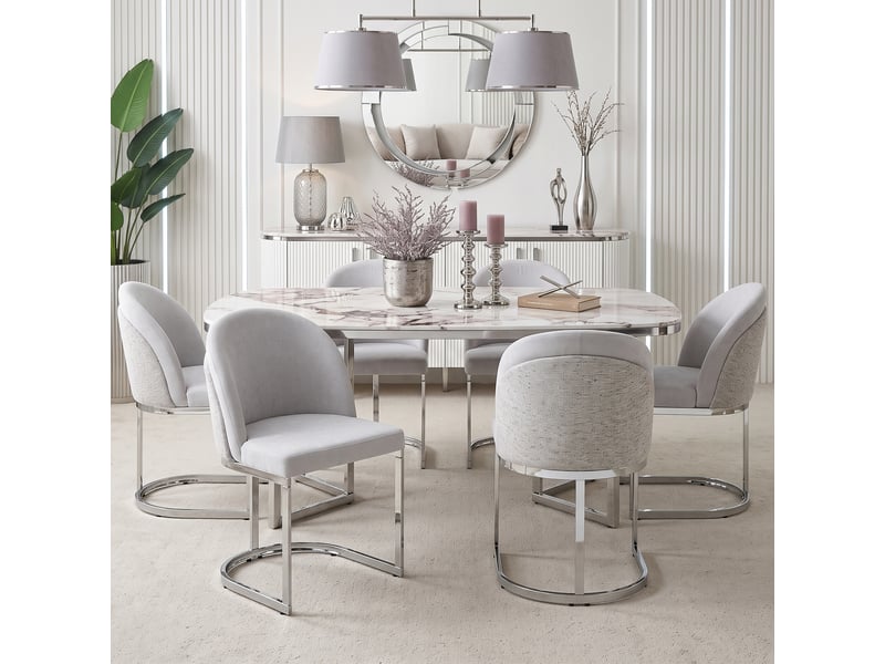  Chaises de salle à manger lot de 4 à dossier double  - pieds chromés, chenille gris clair et argenté  - Conforama C