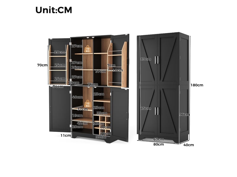  Armoire de cuisine 4 portes avec casier à vin en mdf noir et naturel 80x40x180 cm  - Conforama C