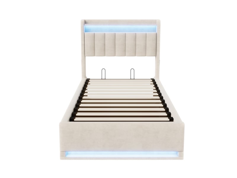 Lit coffre 90x200 cm avec éclairage led et usb, lits simple avec espace de rangement hydraulique et tete de lit, sommier à lattes, velours, beige  - Conforama W