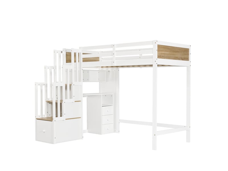 Lit mezzanine enfant 90 × 200 cm 1 place avec bureau, tiroirs et étagères, sans matelas, bois blanc et naturel - Conforama A