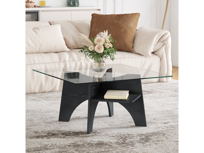Table basse fixe avec plateau en verre et étagère de rangement pour salon 80×80×40 cm en mdf noir - Conforama B