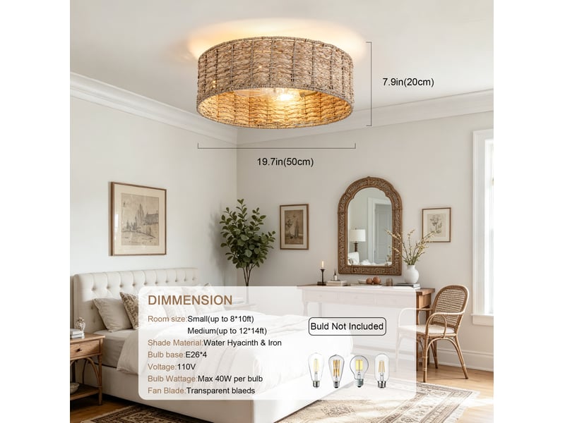  Plafonnier ventilateur 19 pouces en paille naturelle et cuivre, bluetooth, télécommande et 6 vitesses réversibles  - Conforama C