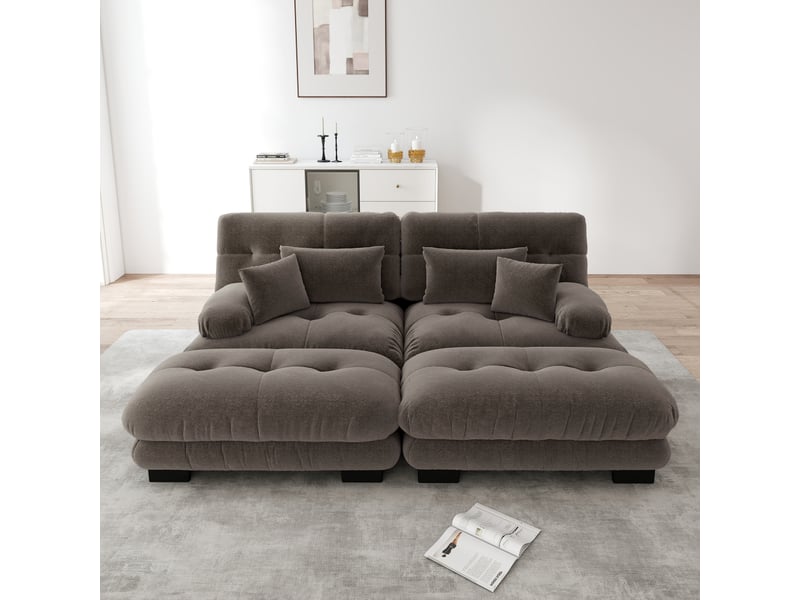 Canapé d'angle cloud en chenille beige clair, sofa salon avec 2 coussins lombaires, 2 coussins déco, 2 ottomans, larges accoudoirs - Conforama D