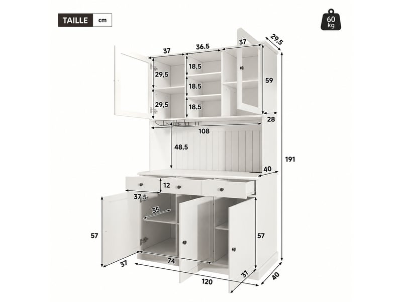  Meuble de cuisine muvano, buffet haut de salle à manger blanc avec prises usb, 120 × 40 × 191 cm  - Conforama W