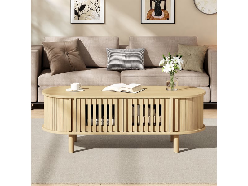  Table basse ovale 100x40x38 cm bois clair, portes à lamelles, porte coulissante et pieds en bois massif Fay Lum - Conforama B