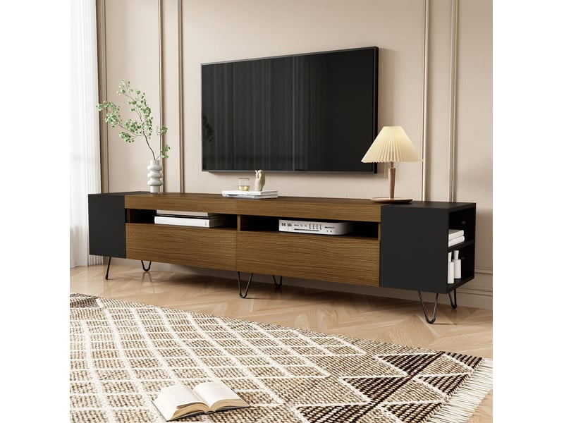  Meuble tv modenvie 180 x 36 x 43 cm avec rangement mdf noir et décor bois  - Conforama D