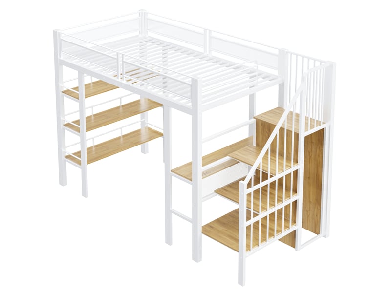 Lit surélevé 90x200 en métal blanc avec led, prise, étagère et bibliothèque, lit simple multifonction  - Conforama A