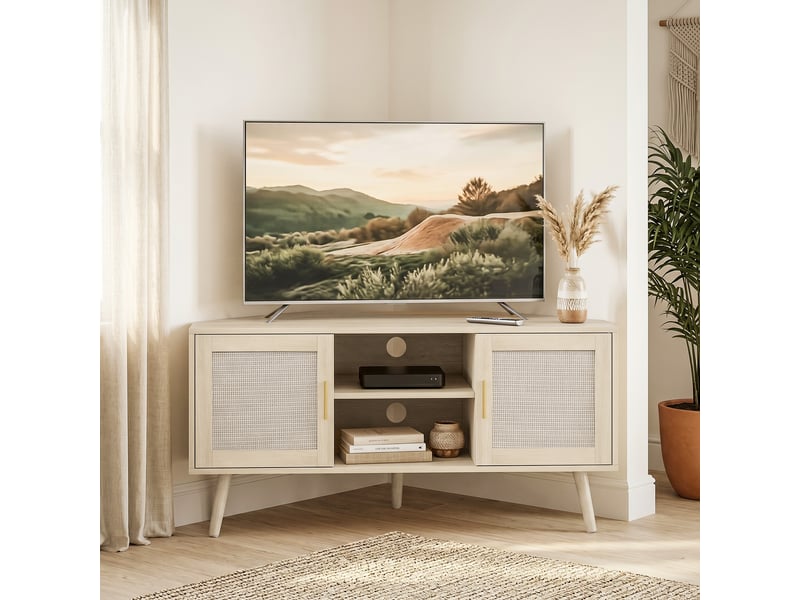  Meuble tv d'angle 115 cm, meuble télé pour téléviseur jusqu'à 65 pouces, chêne, 2 portes en rotin  2 compartiments  - Conforama A
