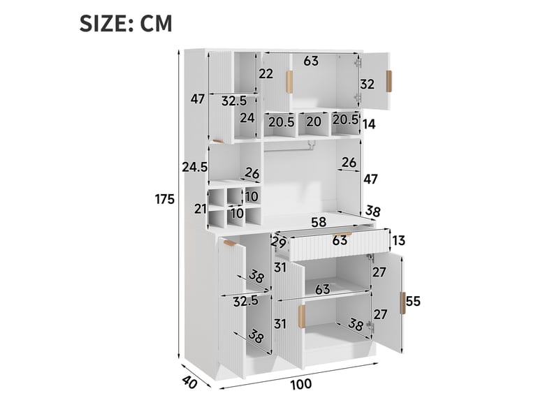  Buffet haut modenvie 100 x 40 x 175 cm avec rangements multiples, prise intégrée, usb-a et usb-c, casier à verres, range-bouteilles, blanc  - Conforama C