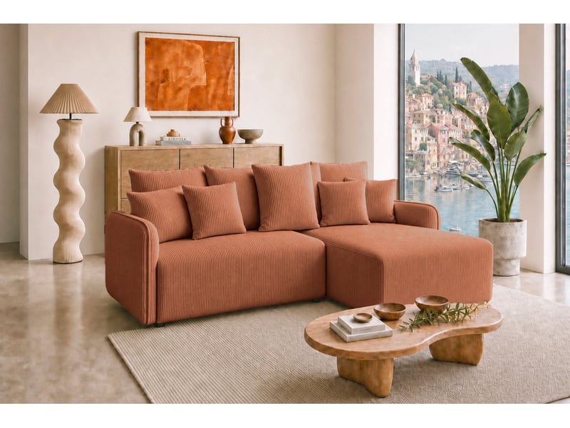  Portofino - canapé d'angle convertible petit velours côtelé 3 places terracotta  - Conforama B