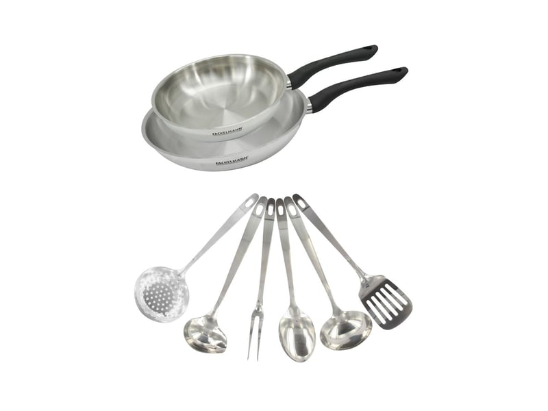 Set 2 poêles 20 et 28 cm en inox et 6 ustensiles inox fackelmann geneva 9445050B - Conforama A