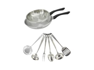 Set 2 poêles 20 et 28 cm en inox et 6 ustensiles inox fackelmann geneva