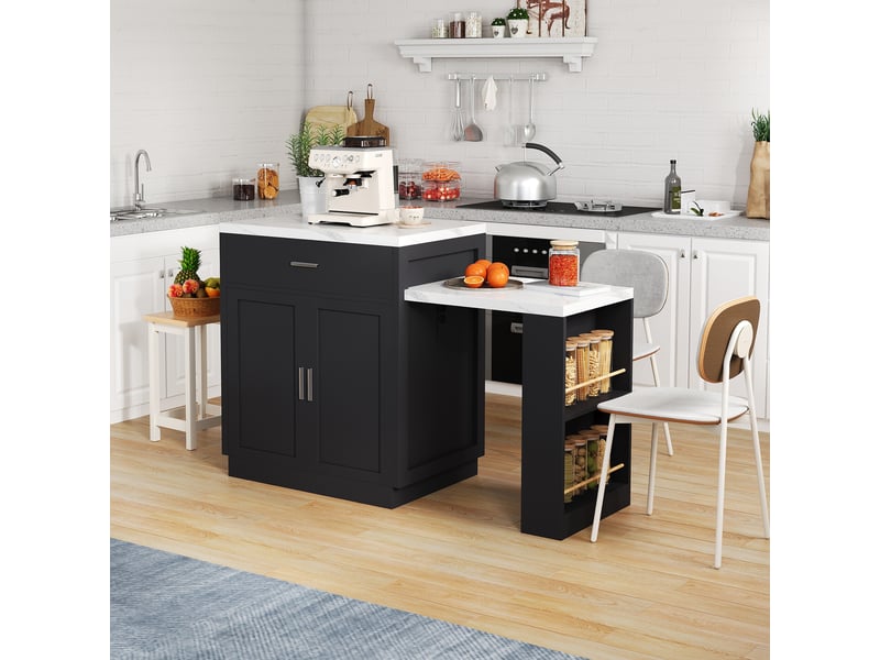  Îlot de cuisine avec table extensible pour 4 à 6 personnes, noir et effet marbre, prises électriques, rangement  - Conforama D