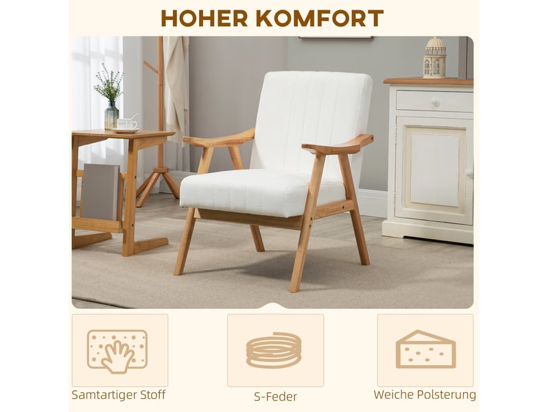  Fauteuil rembourré avec accoudoirs et ressorts sous l’assise, style scandinave en bois et tissu aspect velours blanc crème  - Conforama E