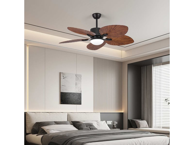 Ventilateur de plafond 132 cm avec led 20w, 5 pales effet feuille bois, télécommande, 6 vitesses, moteur réversible silencieux - Conforama E