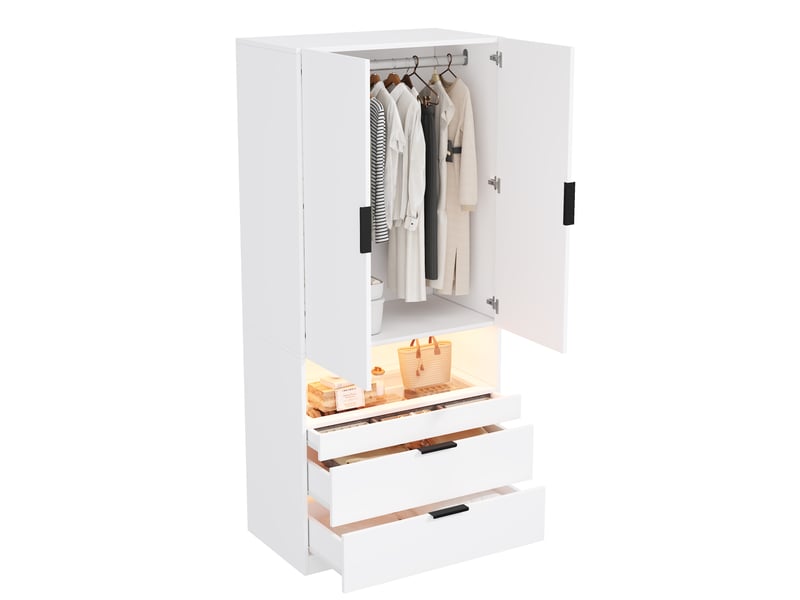  Armoire à portes battantes avec éclairage led 90x50x200 cm tiroir à bijoux en verre 3 tiroirs blanc  - Conforama R