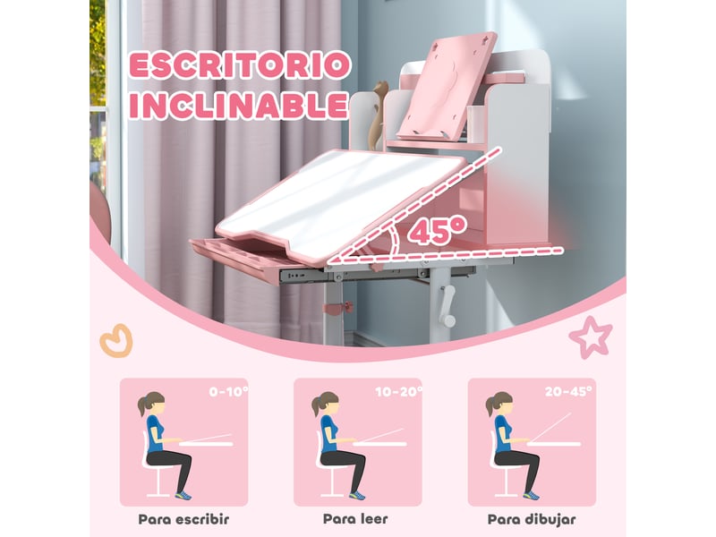 Ensemble bureau et chaise pour enfants de 3 ans et plus, hauteur réglable, plateau inclinable, 80 x 55 x 107,5 cm, rose - Conforama E