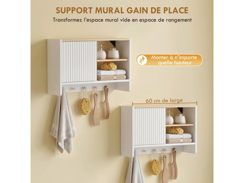  Armoire murale de salle de bain, meuble de rangement de salle de bains avec porte, étagères ouvertes et 5 crochets  - Conforama E