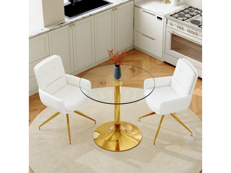  Ensemble table ronde et 2 chaises, table à manger en verre trempé ø 85 cm, sièges pivotants en similicuir blanc, métal doré  - Conforama C