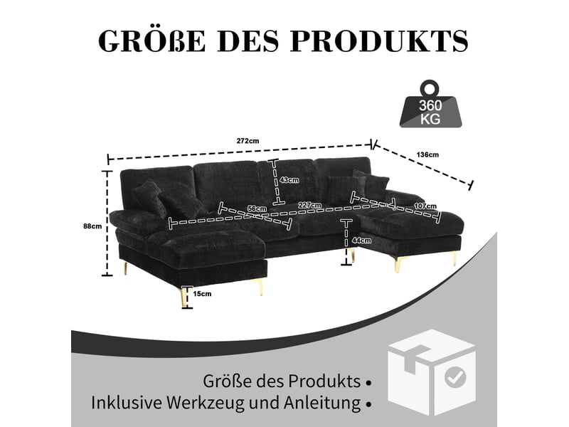  Canapé panoramique u 4 places en chenille noire avec double méridienne  - Conforama C
