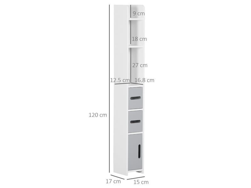 Meuble de salle de bain avec étagères et placards, armoire haute en bois gain de place 15 x 17 x 120 cm, blanc et gris - Conforama E