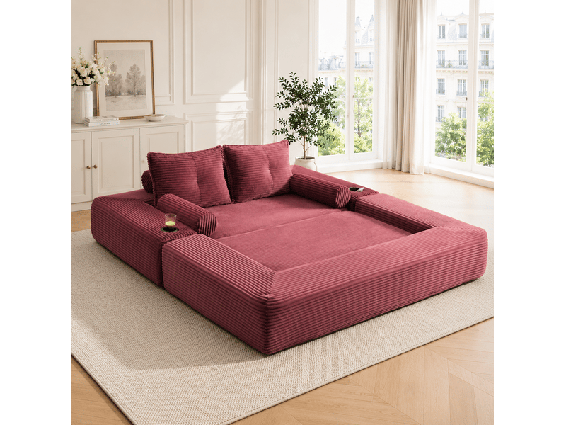  Canapé convertible modulable 2 places en velours côtelé rouge bordeaux, poches et porte-gobelets  - Conforama B
