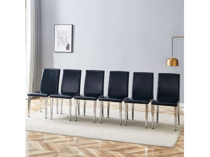 Chaise de salle à manger lot de 6 avec dossier incurvé et assise rembourrée, en polyuréthane noir et métal argenté - Conforama B