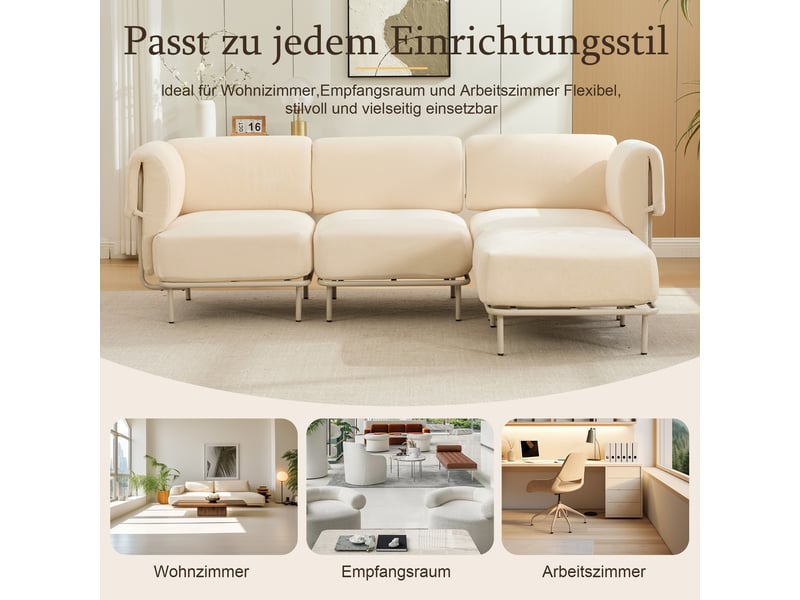 Canapé d'angle modulable 3 places en tissu chenille beige, avec pouf, 251×155×78 cm, design nordique - Conforama R