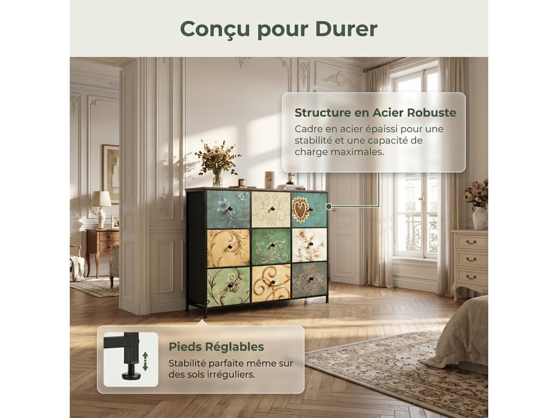  Commode 9 tiroirs, commode de rangement, tissu floral, structure en métal, pour salon, chambre, style bohème,100 x 30 x 86,5 cm  - Conforama E