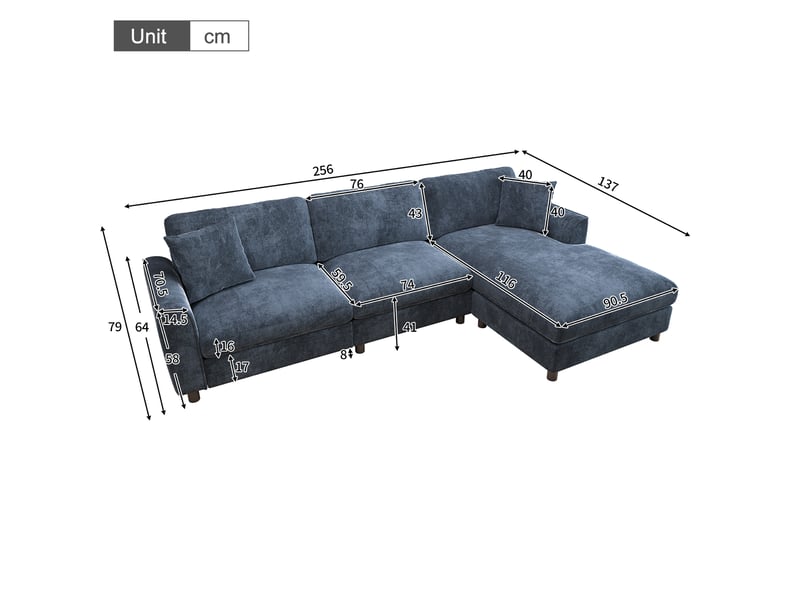  Canapé d’angle modulable en l 256 cm 3 places avec méridienne réversible extra-large 90 cm, accoudoirs courbés, ressorts ensachés, chenille bleu  - Conforama D