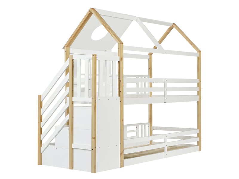  Lit superposé avec escalier de rangement, lit cabane, lit enfant, avec barrière de sécurité, fenêtre et toit, pin et mdf, blanc et naturel, 90 x 200 cm  - Conforama E