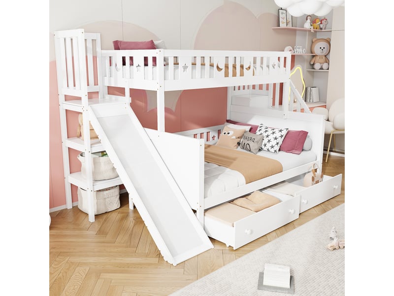  Modenvie lit superposé enfant 90x200140x200 cm - avec toboggan, rangements et sommier, sans matelas - blanc  - Conforama D