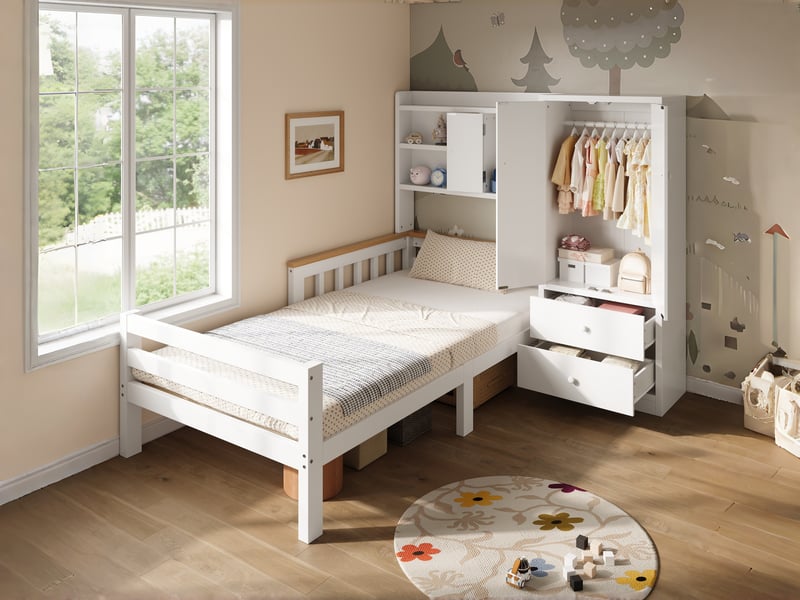  Lit enfant en bois massif, 90 x 200 cm, avec armoire, tiroirs et étagères ouvertes, lit multifonction gain de place, blanc  - Conforama B