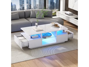 Table basse avec led 100 x 50 x 36 cm avec 2 tiroirs, rangement ouvert, panneau en verre, panneau de particules, blanc
