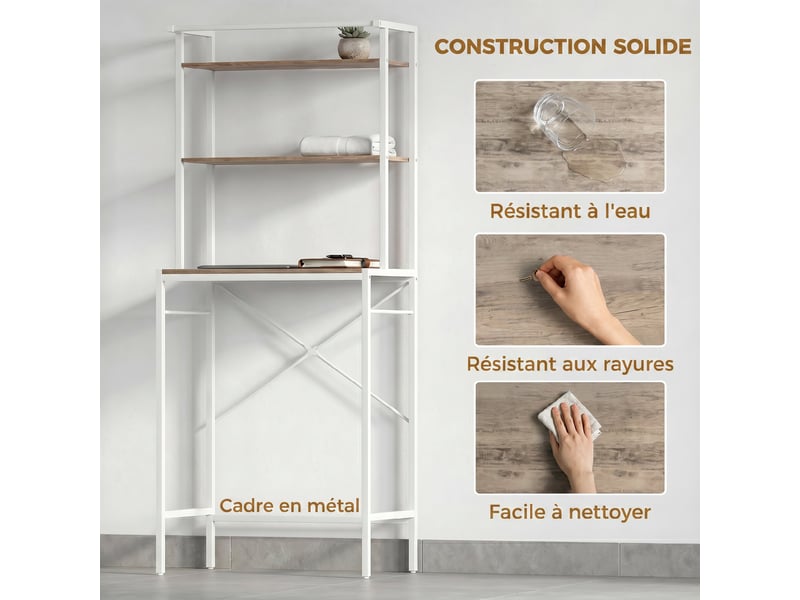  Étagère de machine à laver 3 niveaux, marron et blanc, meuble pour lave-linge et sèche-linge avec barre de suspension  - Conforama R