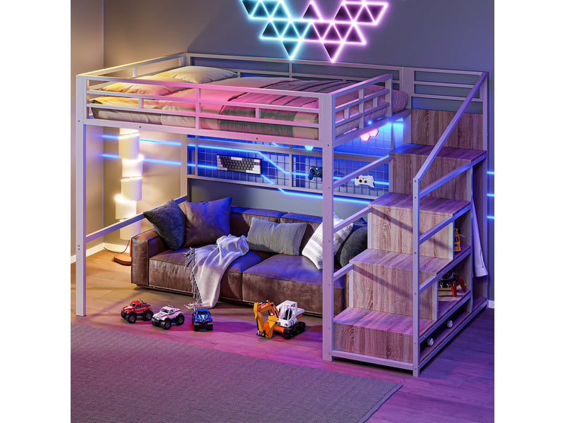  Lit mezzanine double 140x200 cm avec éclairage led, lit double avec armoire et échelle de rangement, cadre de lit adulte, blanc  - Conforama R