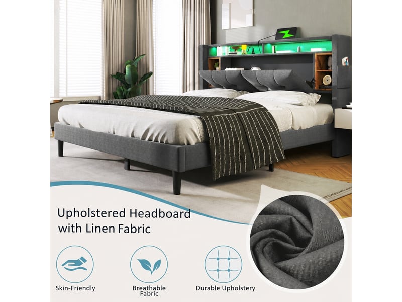  Lit rembourré gris 160 x 200 cm avec tête de lit à rangement, usb et led  - Conforama E