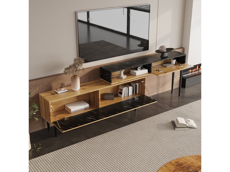Meuble tv moderne 129 cm effet marbre et bois avec pieds en fer pour écrans 40-49 pouces - Conforama E