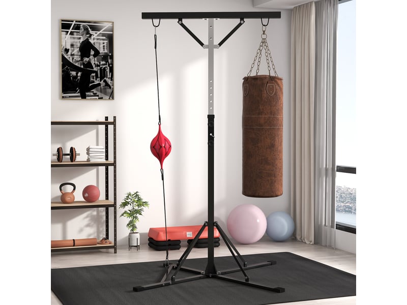  Support de sac de frappe réglable en hauteur avec speedball, structure en métal, 160 x 145 x 175-220 cm (l x l x h), noir  - Conforama C