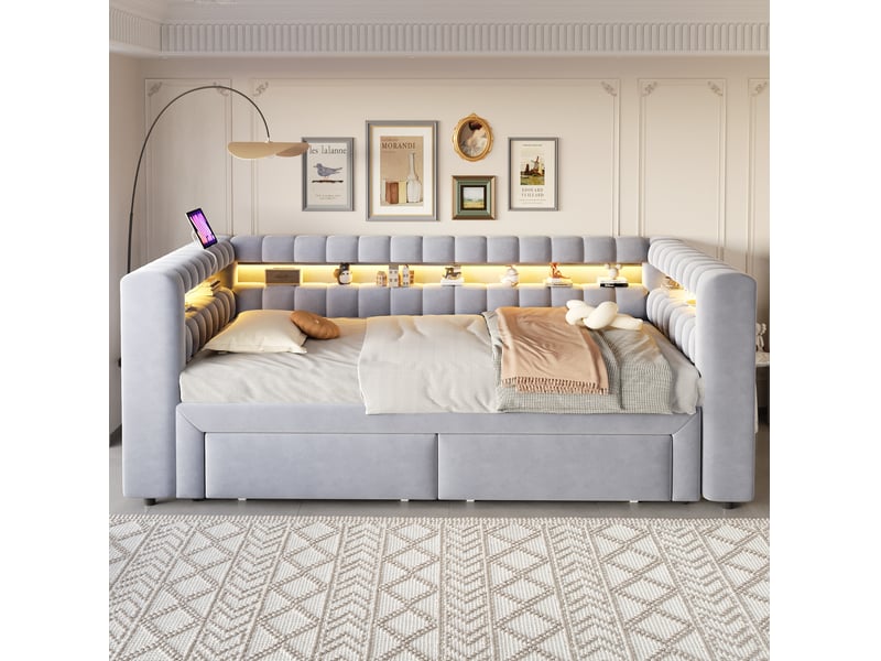  Lit gigogne 90 × 190 cm avec 2 tiroirs, rangements intégrés, led et ports usb type c, velours gris clair pour chambre  - Conforama D
