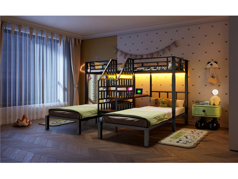  Lit superposé 90 × 200 cm, 3 couchages, bureau, escalier-rangement, led, prises, usb et garde-corps hauts, métal, noir  - Conforama B
